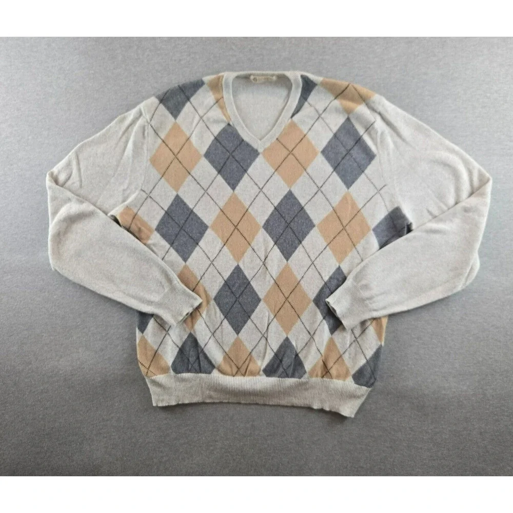 J CREW Beige Argyle Cashmere Cotton Long Sleeve Pullover‎ Sweater SIZE LARGE